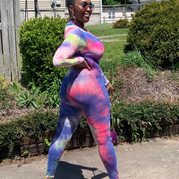 Long Sleeve Multi Neon Color Tie Dye Mesh Jumpsuit - Picture 8 of 8